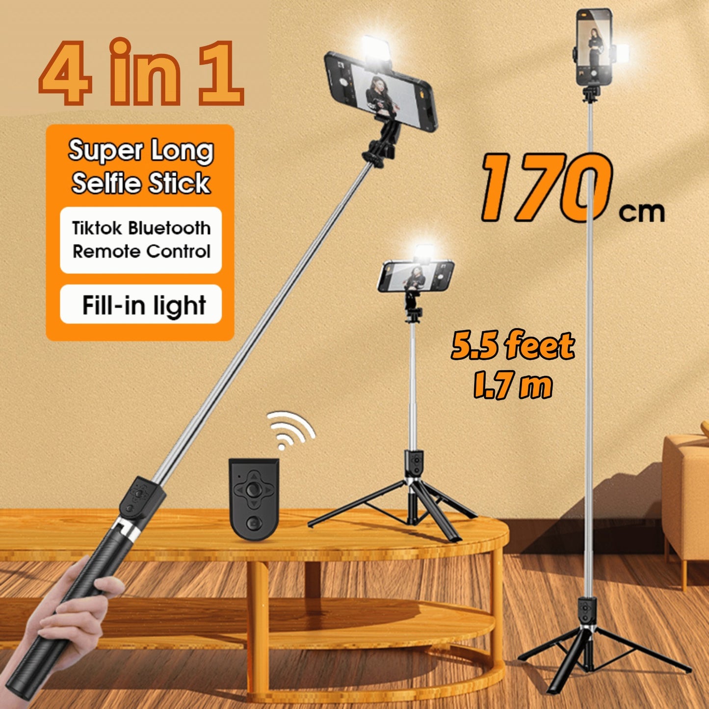 4 in 1 Tripod Selfie Stick R1s With Remote Control (Bluetooth)