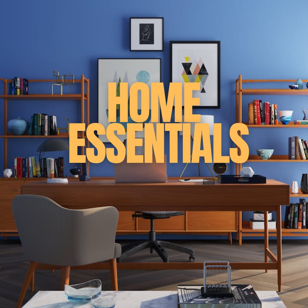 Modern home office with furniture and decor, featuring 'Home Essentials' text.