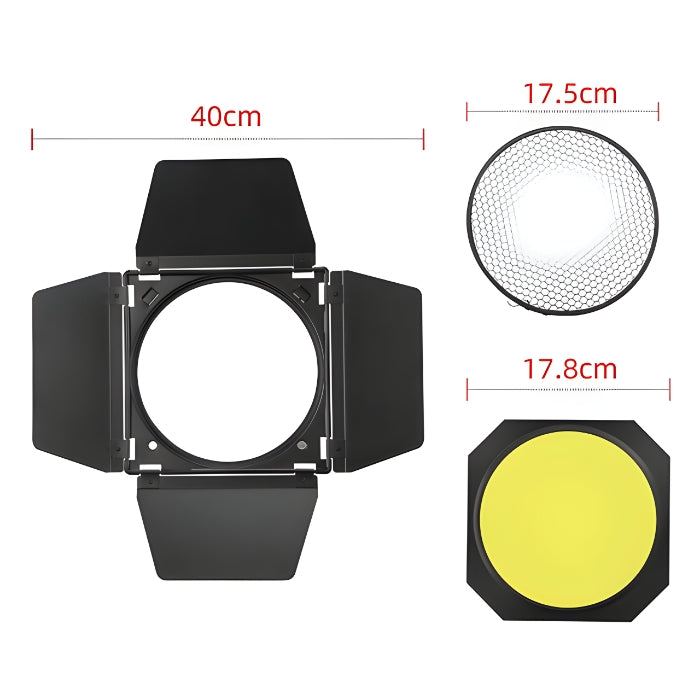 Barndoors Kit for Standard 7" reflector with honeycomb Grid and 4-color gel set,Green/Yellow/Blue/Red