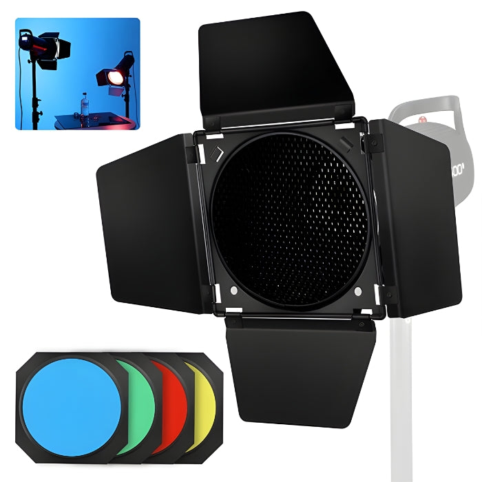 Barndoors Kit for Standard 7" reflector with honeycomb Grid and 4-color gel set,Green/Yellow/Blue/Red