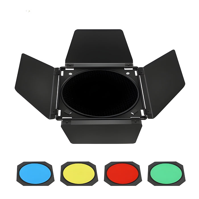 Barndoors Kit for Standard 7" reflector with honeycomb Grid and 4-color gel set,Green/Yellow/Blue/Red