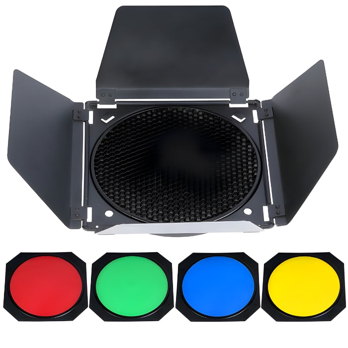 Barndoors Kit for Standard 7" reflector with honeycomb Grid and 4-color gel set,Green/Yellow/Blue/Red