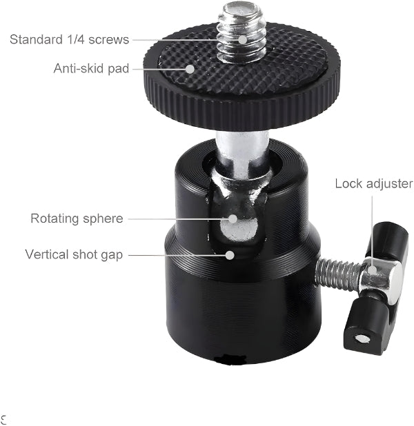 Mini Ball Head 360 degree Aluminium Alloy 1/4" Screw Tripod Hot Shoe Mount for DSLR Camera-Monopod-Camcorder-Flash Light Stand-Video Photo Accessories And LED Baby Lights