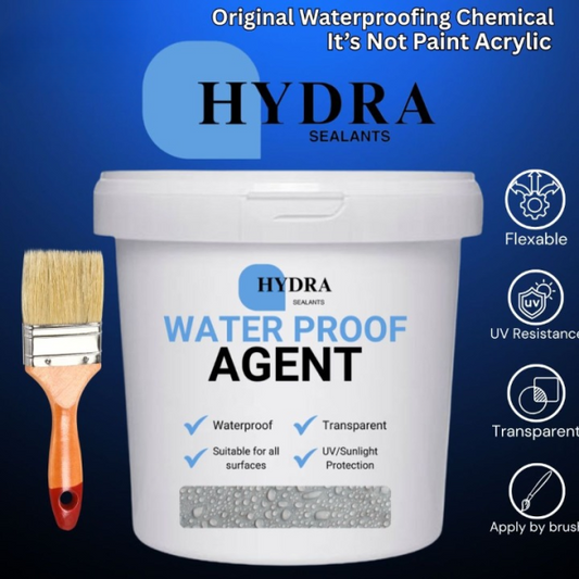 Hydra Sealants waterproof agent container with a brush on a blue background